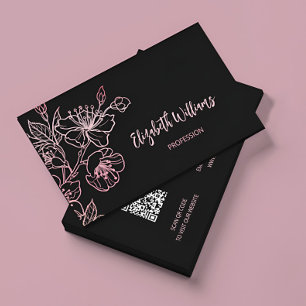 Rose Gold Blush Pink Schwarz Floral QR Code Visitenkarte