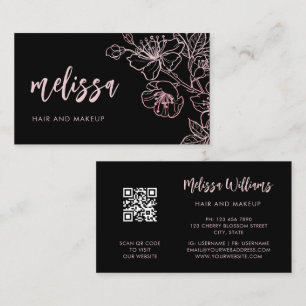 Rose Gold Blush Pink Schwarze Floral QR Code Ges Visitenkarte