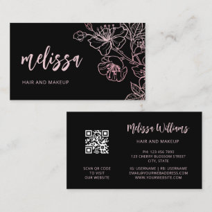 Rose Gold Blush Pink Schwarze Floral   QR Code Ges Visitenkarte