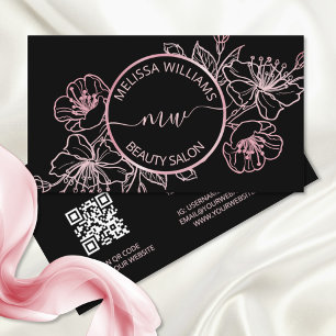 Rose Gold Blush Pink Schwarzes Floral QR Code Visitenkarte