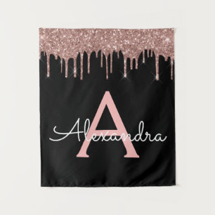 Rose Gold - Blush Pink Schwarzes Glitter Monogramm Wandteppich