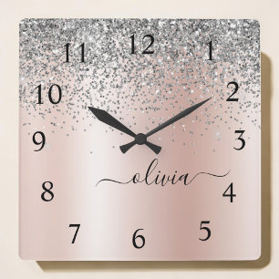 Rose Gold - Blush Pink Silver Glitter Monogram Quadratische Wanduhr