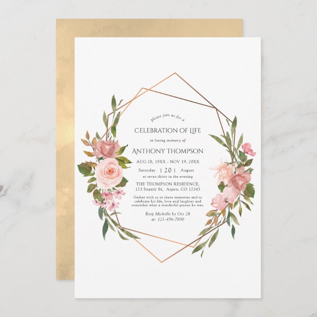 Rose Gold & Blush Rosa Blumenfeier Einladung (Vorne/Hinten)