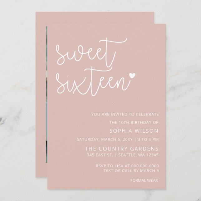 Rose Gold Blush Script Sweet 16 Birthday Foto Inv Einladung (Vorne/Hinten)