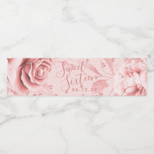 Rose Gold Blush Sweet 16 Glitzer Confetti Floral Wasserflaschenetikett