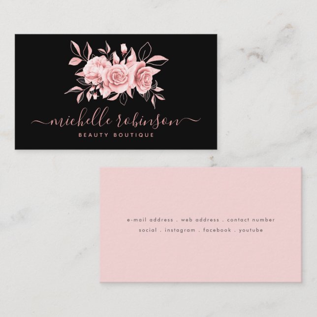Rose Gold Blush Weibliche Blumenschrift Schwarz  Visitenkarte (Vorne/Hinten)