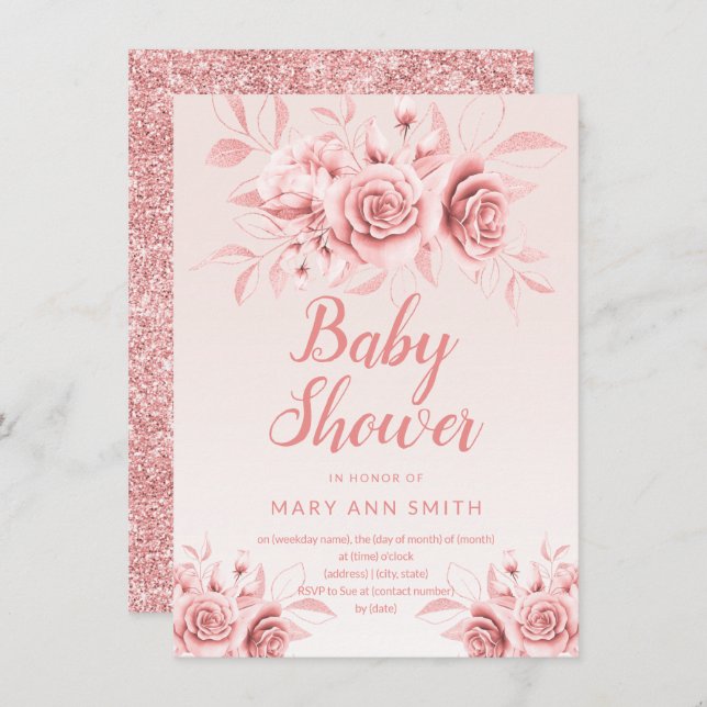 Rose Gold Blütendusche Glitzer Baby Dusche Einladung (Vorne/Hinten)