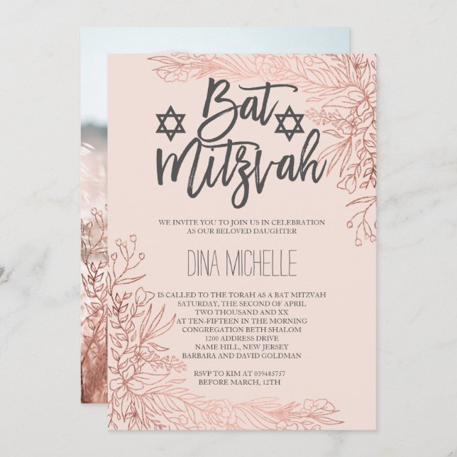 Rose Gold Blütenrot Rosa Bat Mitzvah Foto Einladung (Vorne/Hinten)