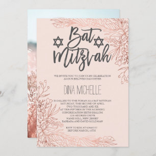 Rose Gold Blütenrot Rosa Bat Mitzvah Foto Einladung