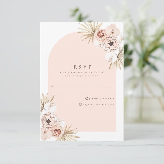 Rose Gold Boho Beach Wedding RSVP Karte (Stehend Vorderseite)