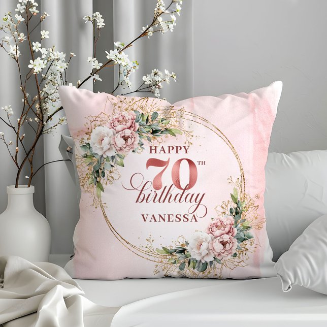 Rose Gold Boho-Blumen-Kissen 70. Geburtstag  Kissen (Rose Gold Bohemian Flowers Pillow 70th Birthday Pillow)