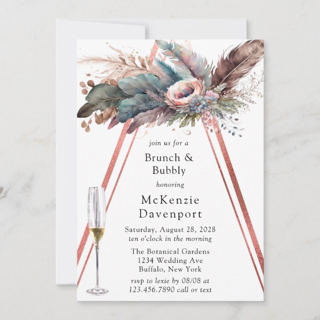Rose Gold Boho Floral Triangle Brunch & Bubbly Einladung (Vorderseite)