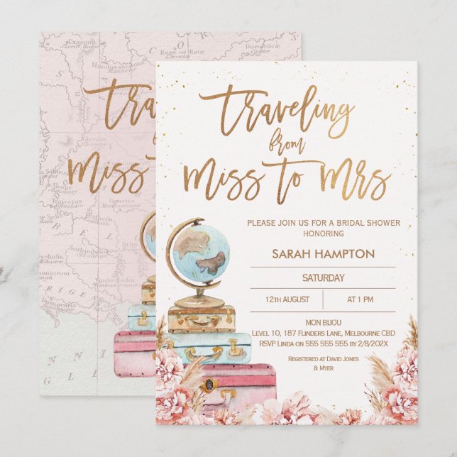 Rose Gold Boho Reisen Miss an Mrs. Brautparty Einladung (Vorne/Hinten)