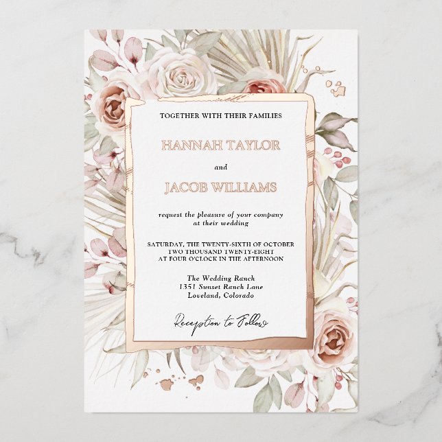 Rose Gold Boho Rustic Floral Wedding Folieneinladung (Vorderseite)