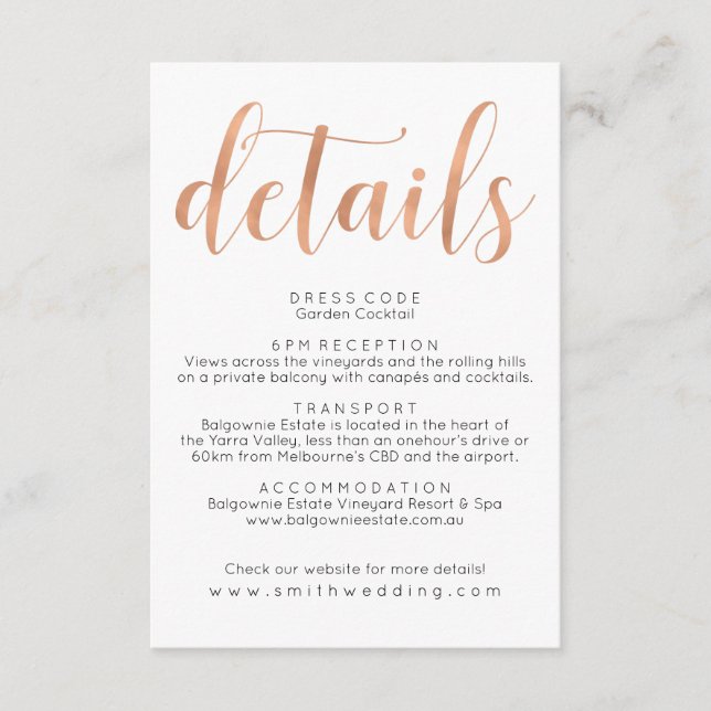 Rose Gold Boho Wedding Details Info Card Begleitkarte (Vorderseite)