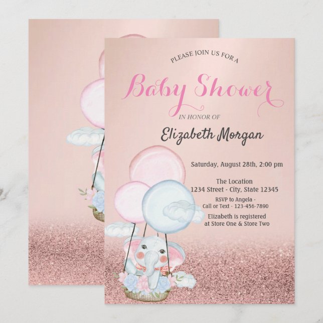 Rose Gold Bokeh, Elephant Air Ballon Babydusche Einladung (Vorne/Hinten)