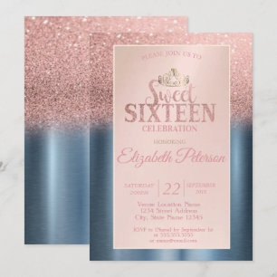 Rose Gold Bokeh Ombre, Tiara Blau Sweet 16 Party Einladung
