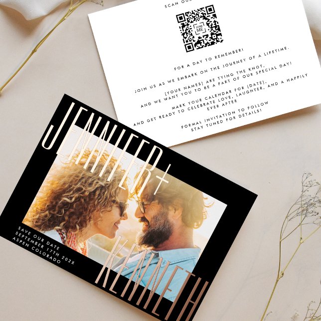 ROSE GOLD BOLD NAMES FOTO QR CODE SAVE THE DATE FOLIENEINLADUNG (Von Creator hochgeladen)