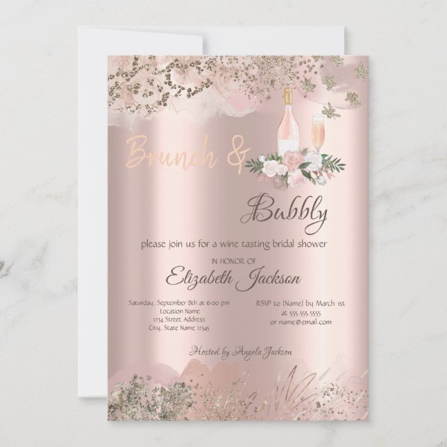 Rose Gold Border Brunch & Bubbly Brautparty Einladung (Vorderseite)