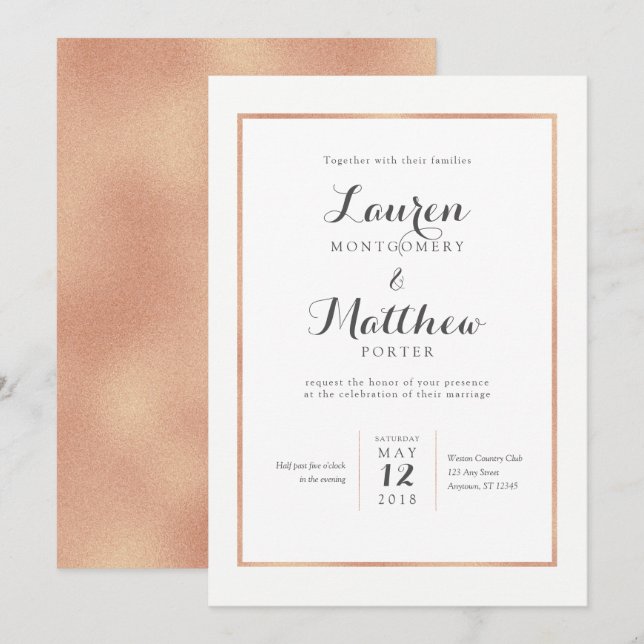 Rose Gold Border Moderne Hochzeit Einladung (Vorne/Hinten)