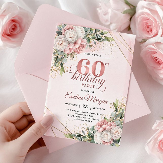 Rose Gold Botanical Greenery 60th Birthday Invites Einladung (Rose Gold Botanical Greenery 60th Birthday Invitation)