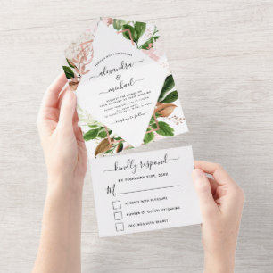 Rose Gold Botanische Grünpflanzen Hochzeit RSVP All In One Einladung