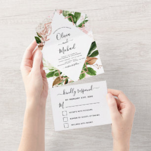 Rose Gold Botanische Grünpflanzen Hochzeit RSVP All In One Einladung