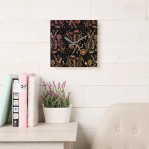 Rose Gold Botanisches Doodle-Muster Quadratische Wanduhr