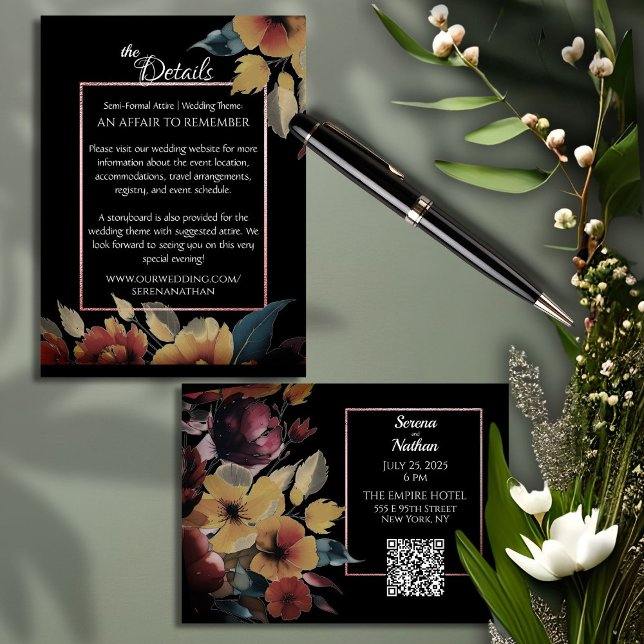 Rose Gold Bouquet QR Code Hochzeitsdetails Begleitkarte (This enclosure card features your custom qr code and modern floral design with a sparkling border)