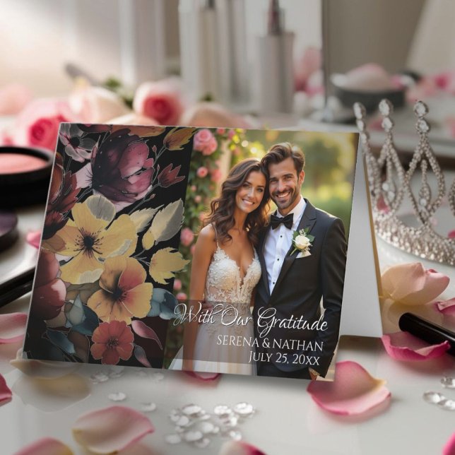 Rose Gold Bouquet Wedding Foto Danke Karte (Send them a personal note of appreciation with this floral custom photo folded thank you note card)