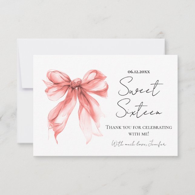 Rose Gold Bow Coquette Script Sweet 16 Thank You  Dankeskarte (Vorderseite)