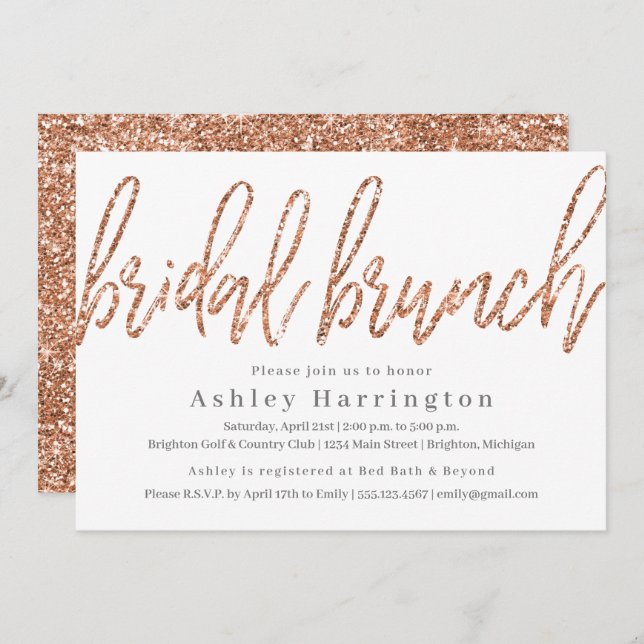 Rose Gold Bridal Brunch Einladung mit Glitzer (Vorne/Hinten)
