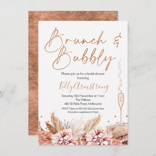 Rose Gold Brunch Bubbly Boho Brautparty Einladung (Vorne/Hinten)