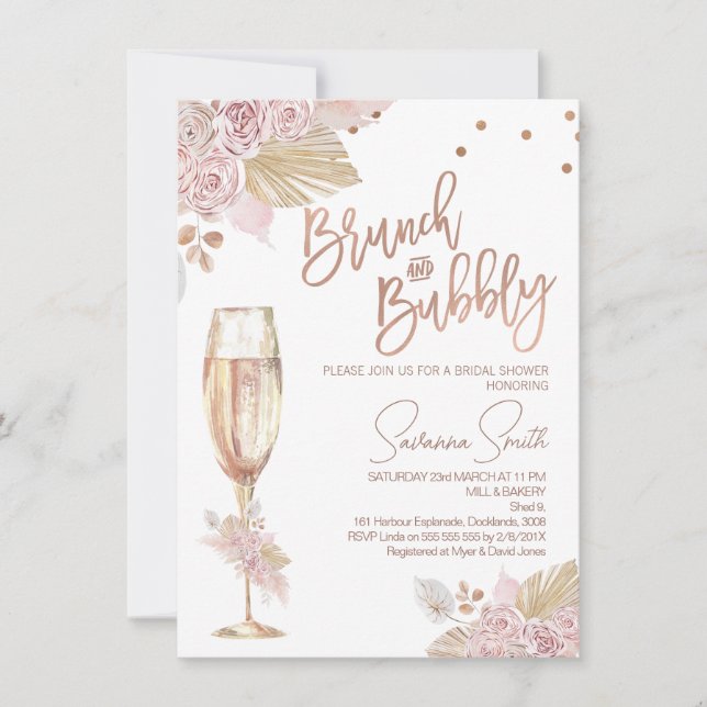 Rose Gold Brunch Bubbly Boho Rose Brautparty Einladung (Vorderseite)