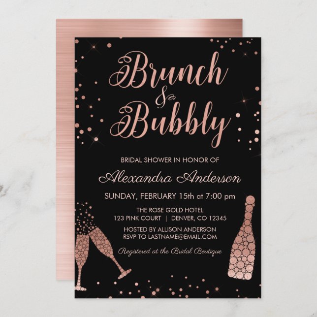 Rose Gold Brunch & Bubbly Brautparty Einladung (Vorne/Hinten)