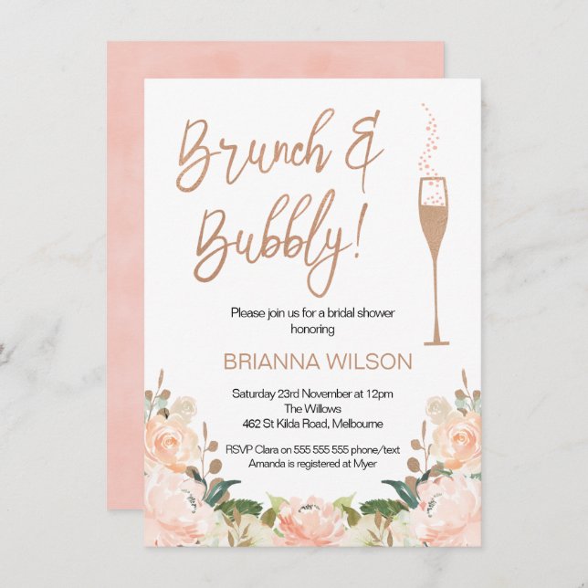 Rose Gold Brunch Bubbly Bridal Dusche Einladung (Vorne/Hinten)
