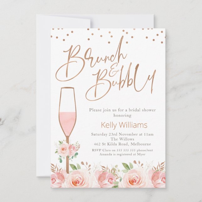 Rose Gold Brunch Bubbly Floral Brautparty Einladung (Vorderseite)