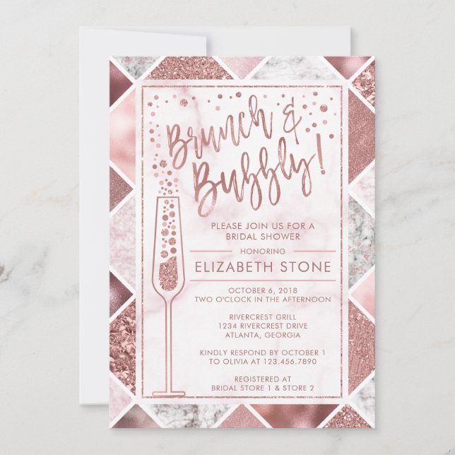 Rose Gold Brunch und Bubbly Invitation, Marmor Einladung (Vorderseite)
