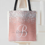 Rose Gold Brushed Metal Glitzer Monogram Name<br><div class="desc">Dieses trendige,  schicke Tote-Taschendesign mit hübschem silber funkelndem Imitat Glitzer auf einer Rose goldgebürstetem metallischem Hintergrund ist einfach zu personalisieren.</div>