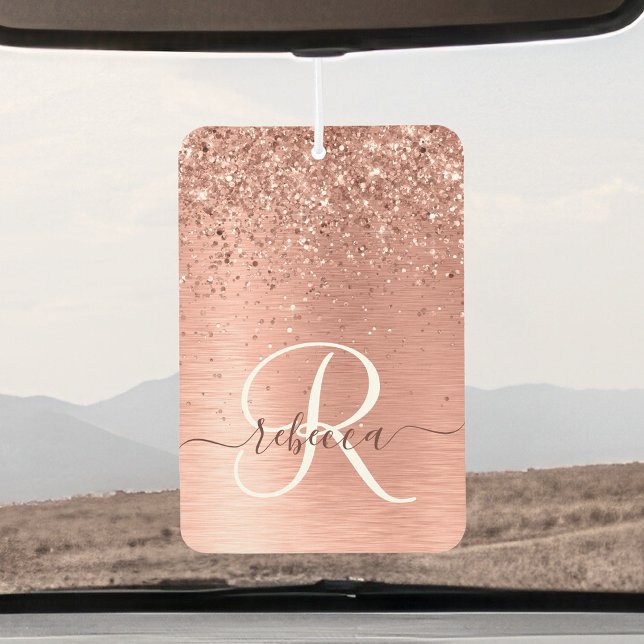 Rose Gold Brushed Metal Glitzer Monogram Name Autolufterfrischer (Von Creator hochgeladen)