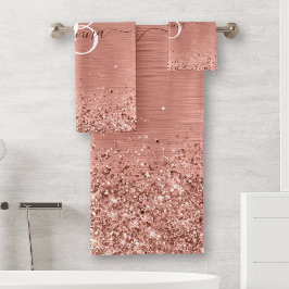 Rose Gold Brushed Metal Glitzer Monogram Name Badhandtuch Set