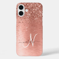 Rose Gold Brushed Metal Glitzer Monogram Name