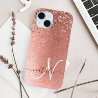 Rose Gold Brushed Metal Glitzer Monogram Name
