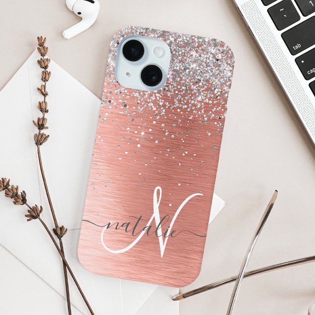 Rose Gold Brushed Metal Glitzer Monogram Name Case-Mate iPhone Hülle (Von Creator hochgeladen)