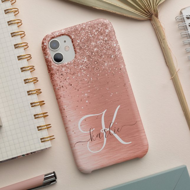 Rose Gold Brushed Metal Glitzer Monogram Name Case-Mate iPhone Hülle (Von Creator hochgeladen)