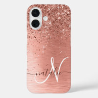 Rose Gold Brushed Metal Glitzer Monogram Name