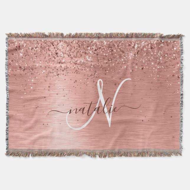 Rose Gold Brushed Metal Glitzer Monogram Name Decke (Vorderseite)
