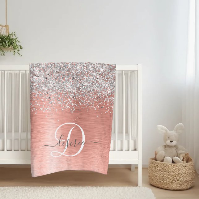 Rose Gold Brushed Metal Glitzer Monogram Name Fleecedecke (Von Creator hochgeladen)