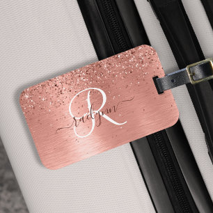 Rose Gold Brushed Metal Glitzer Monogram Name Gepäckanhänger