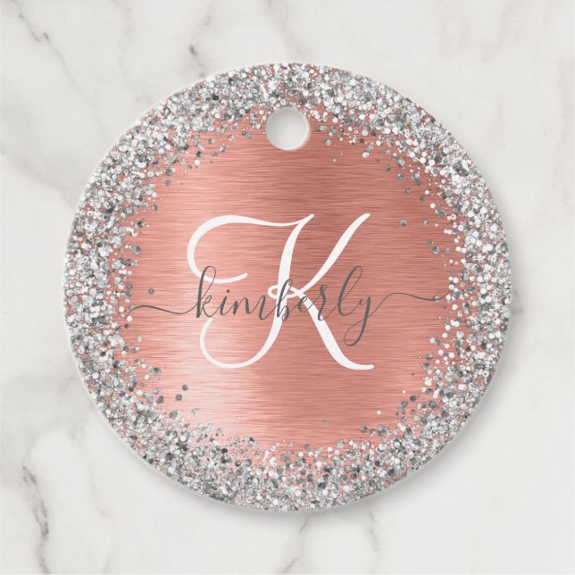 Rose Gold Brushed Metal Glitzer Monogram Name Geschenkanhänger (Vorderseite)